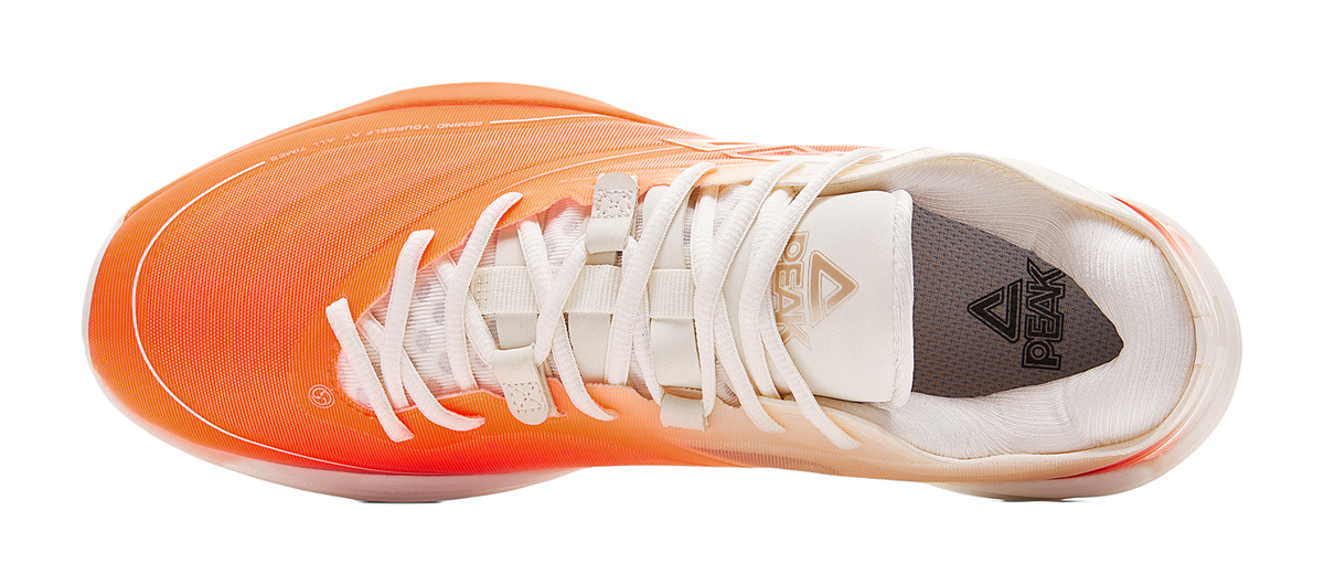 PEAK basketball shoes with white tongue and laces, fluorescent orange knit toe and side logo