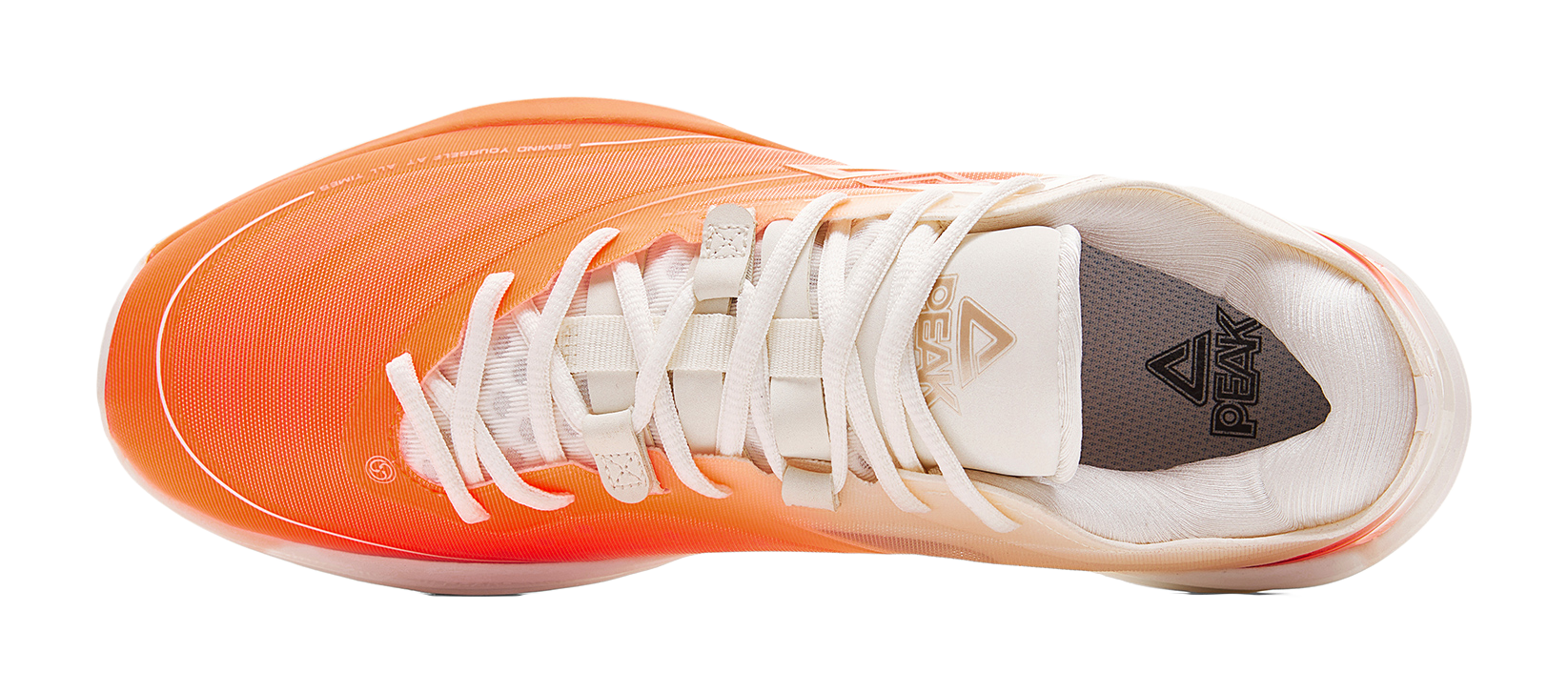 PEAK basketball shoes with white tongue and laces, fluorescent orange knit toe and side logo