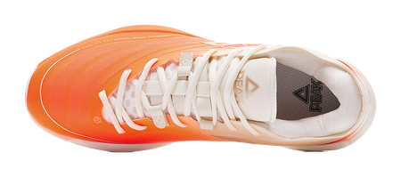 PEAK basketball shoes with white tongue and laces, fluorescent orange knit toe and side logo