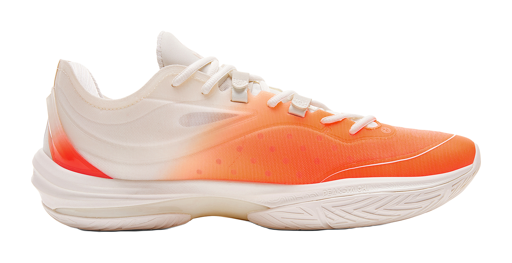 PEAK lightweight basketball shoes in fluorescent orange with white mesh upper and lace-up closure