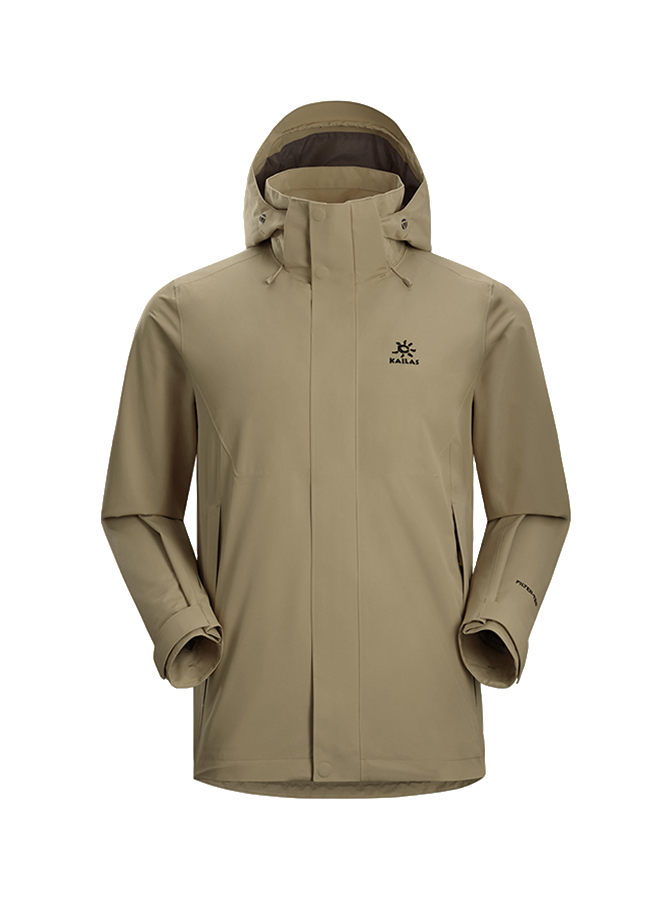 Men's hooded windbreaker jacket in tan beige with full-length zipper and zip pockets