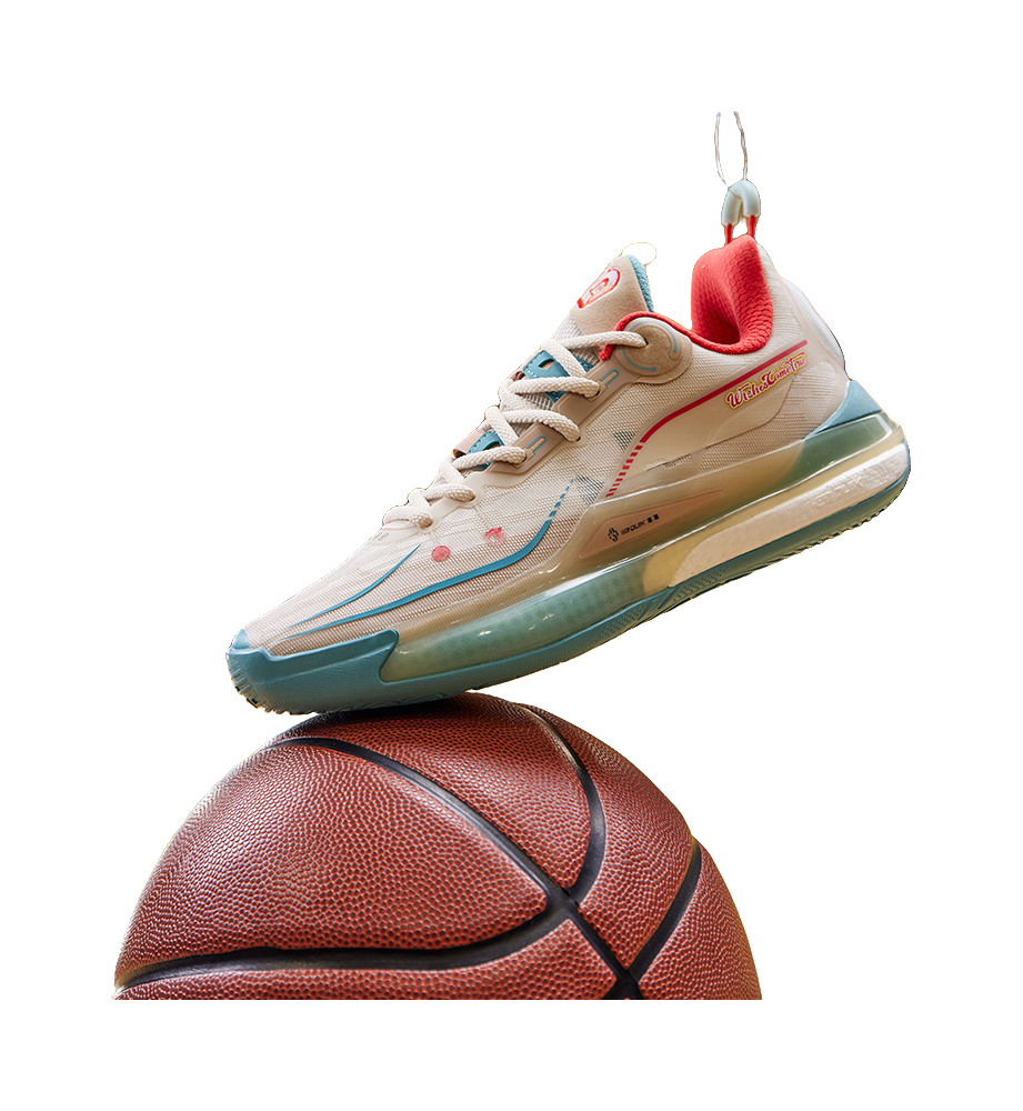 Unisex basketball shoe with red tongue tag; oat beige upper and teal outsole