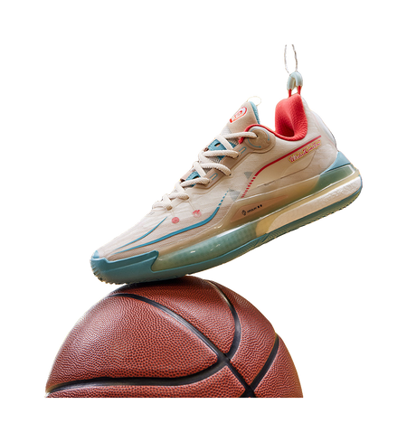 Unisex basketball shoe with red tongue tag; oat beige upper and teal outsole