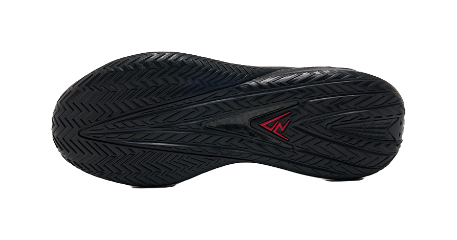 Unisex low-top basketball shoe outsole, black tread with red logo mark