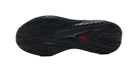 Unisex low-top basketball shoe outsole, black tread with red logo mark