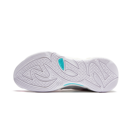 Basketball shoe outsole with textured white tread and teal accent logo