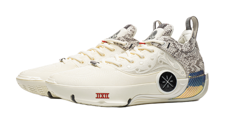 Ecru mid-top basketball shoe with speckled heel panel, lace-up and cushioned sole