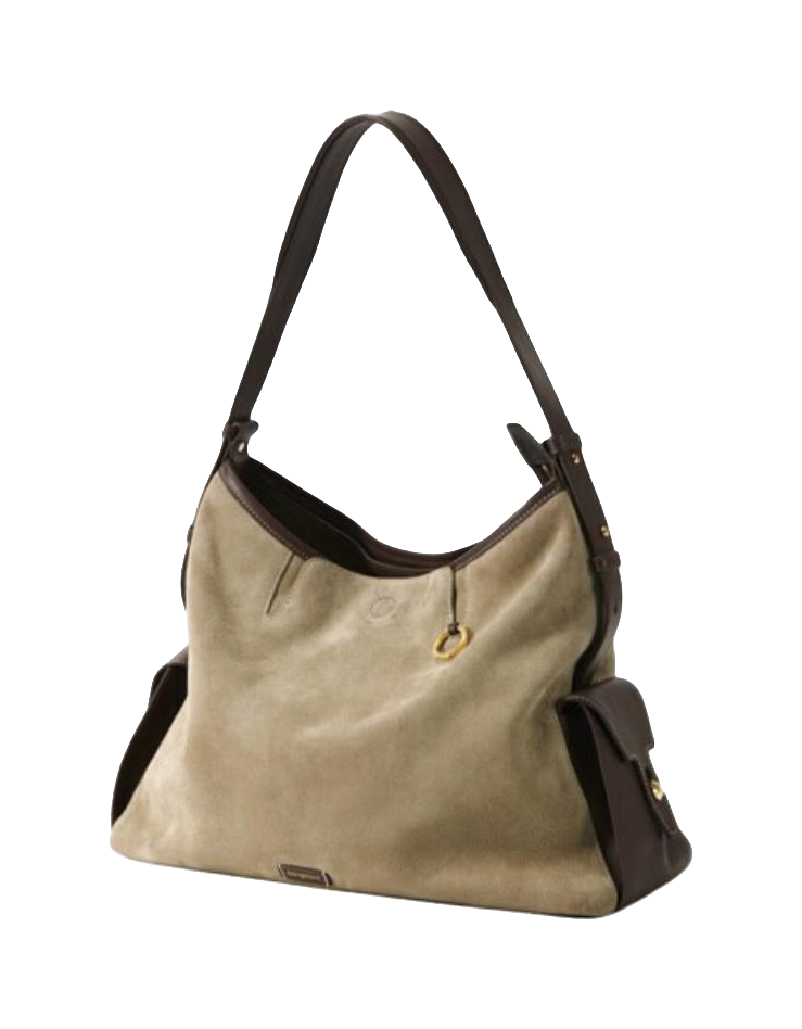 Beige leather hobo shoulder bag with top handle, crossbody strap, and brown accents
