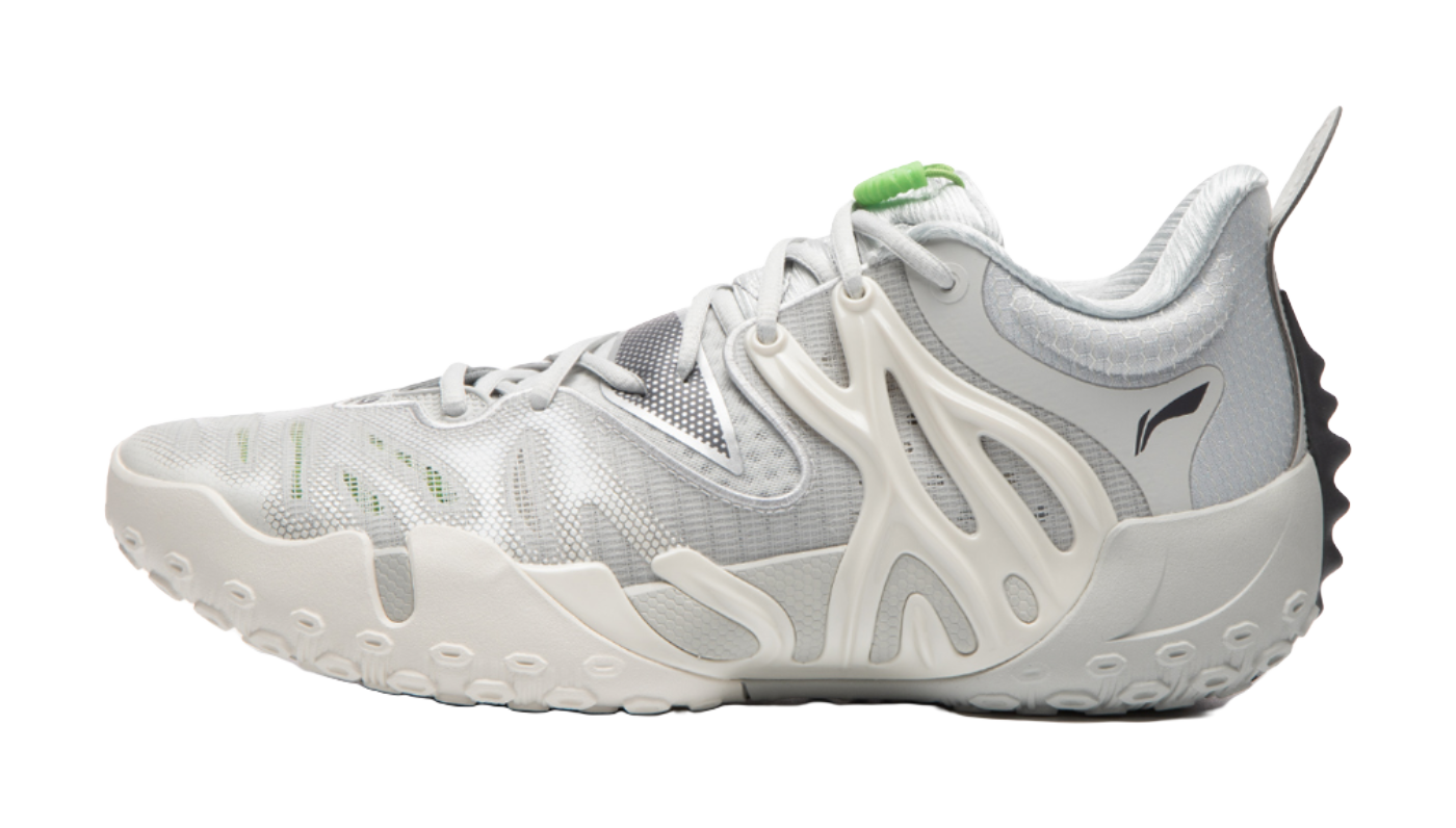 Li-Ning BadFive 6 unisex basketball shoe in white with green accents and chunky sole