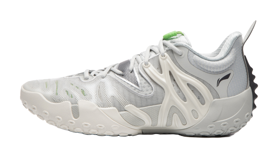 Li-Ning BadFive 6 unisex basketball shoe in white with green accents and chunky sole