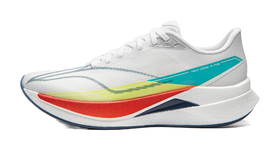 Unisex white running shoe with teal, green, and red side accents
