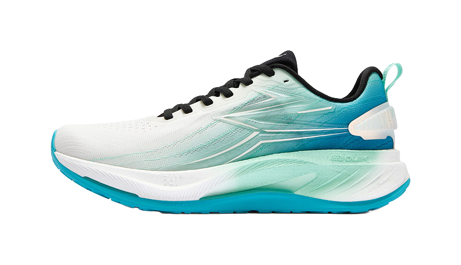 Men's low-top running shoes in white with sea wave blue panels and black laces