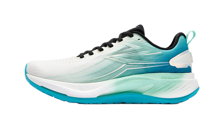 Men's low-top running shoes in white with sea wave blue panels and black laces