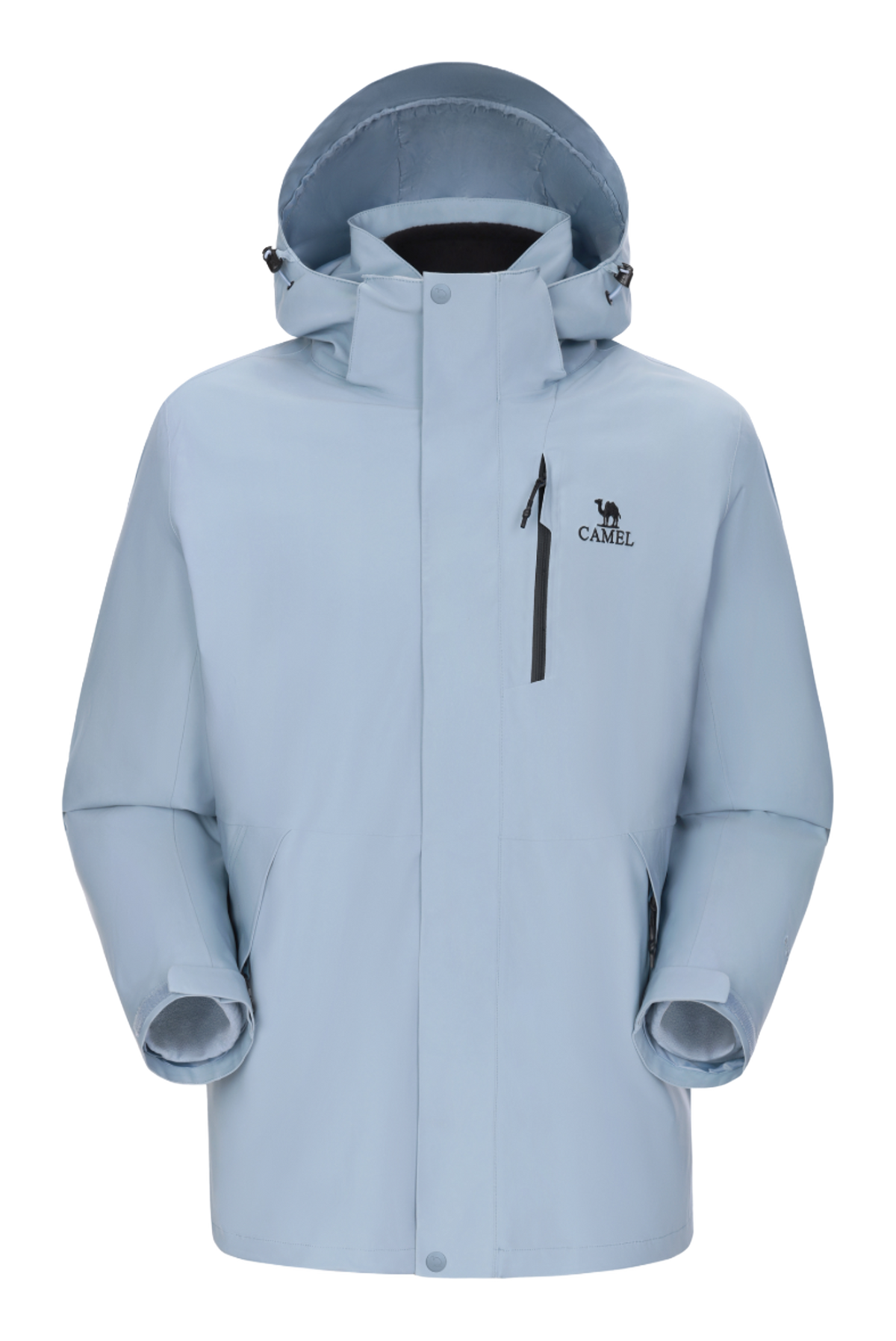 Light blue hooded waterproof jacket with full-zip, drawcord hood, chest logo.