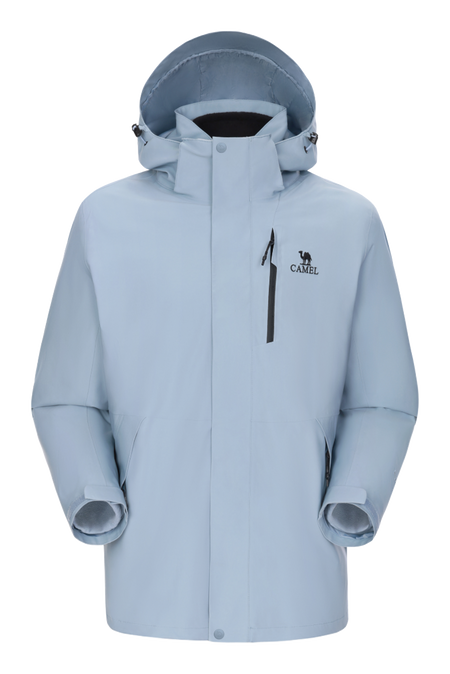 Light blue hooded waterproof jacket with full-zip, drawcord hood, chest logo.