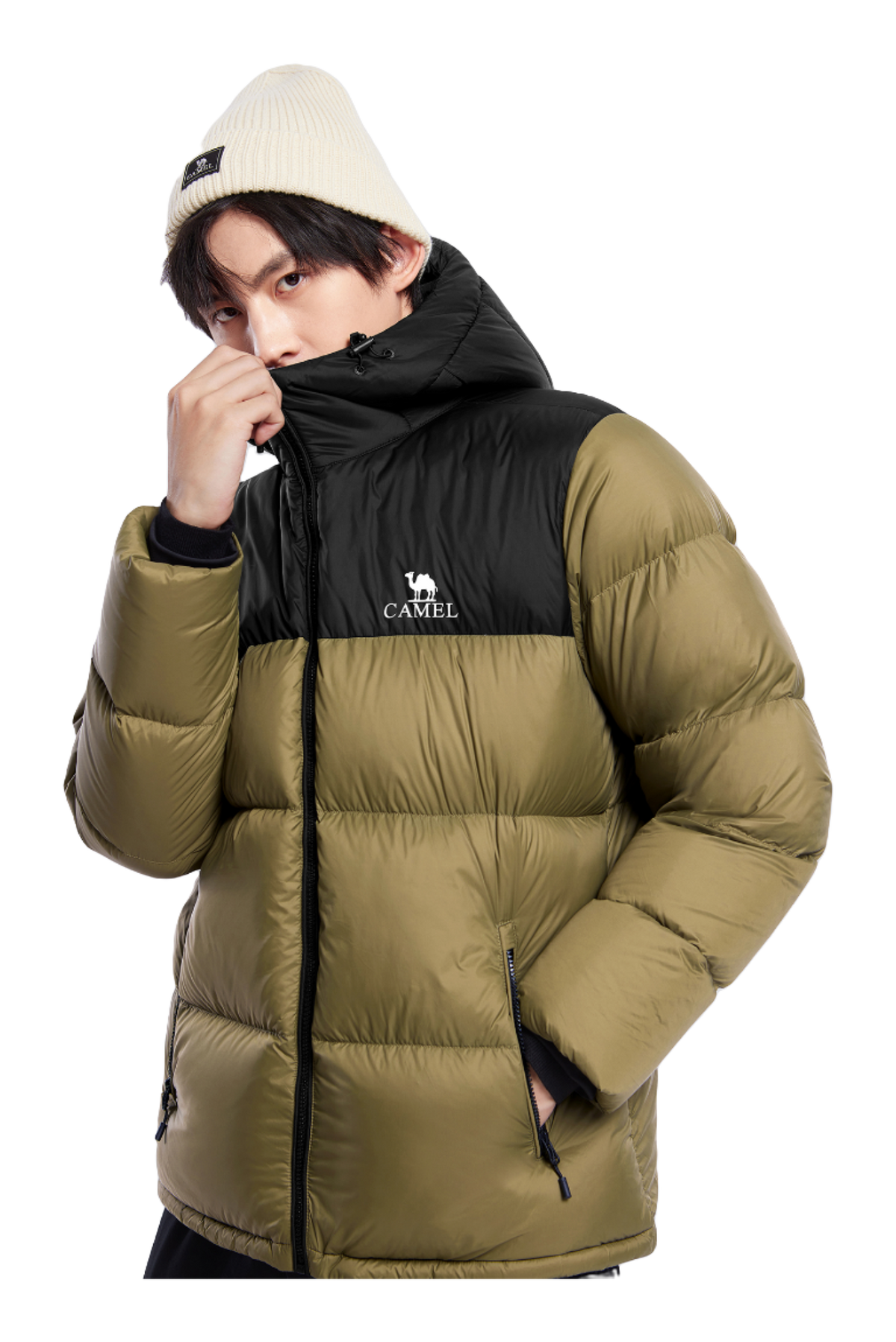 Two-tone down jacket in dark olive and black, full-zip hood