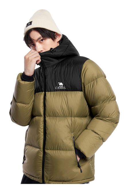 Two-tone down jacket in dark olive and black, full-zip hood