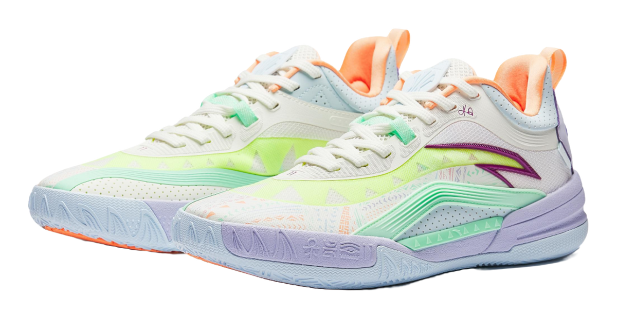 Low-top basketball shoe with white upper, neon green details, purple logo, orange collar