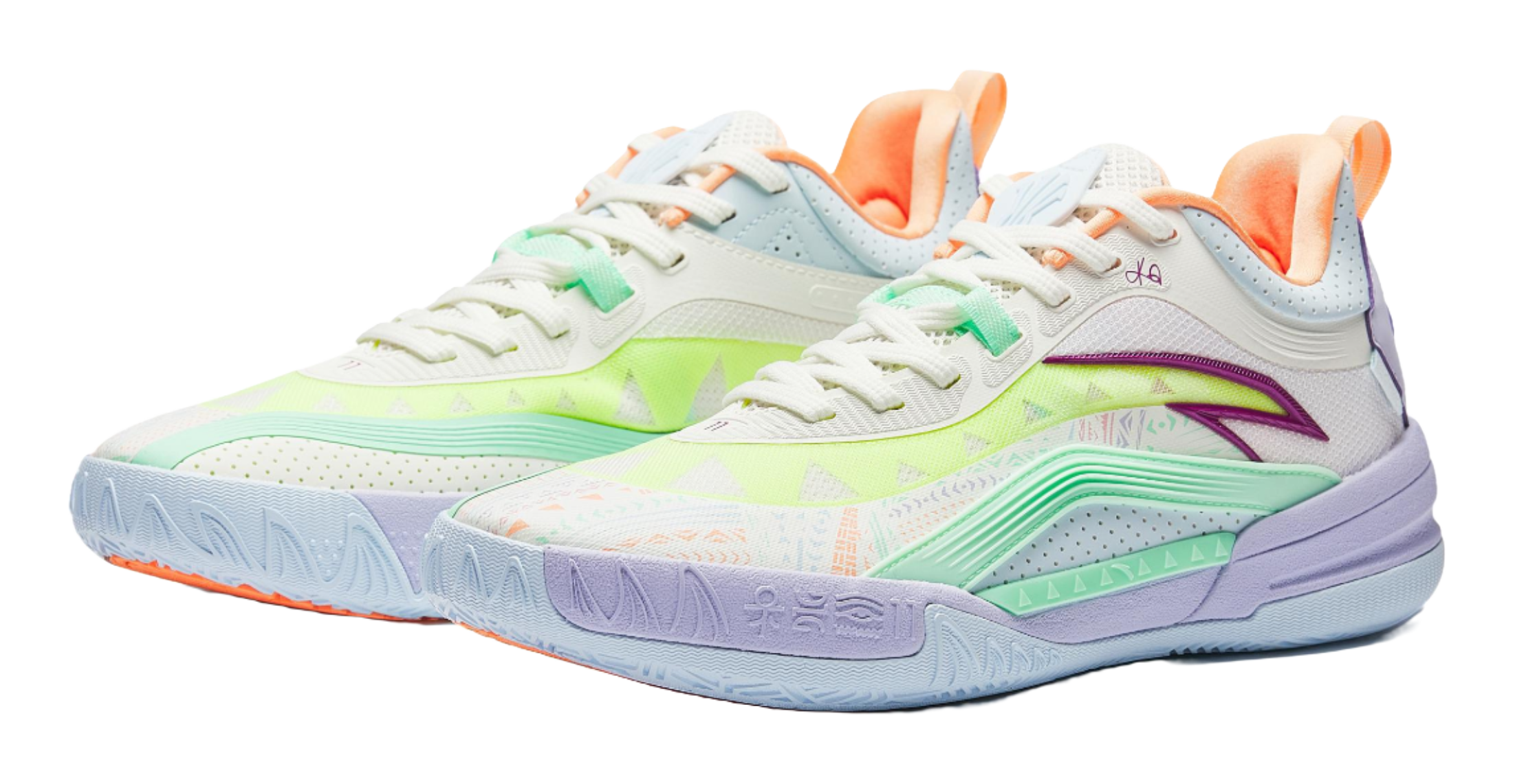 Low-top basketball shoe with white upper, neon green details, purple logo, orange collar