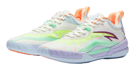 Low-top basketball shoe with white upper, neon green details, purple logo, orange collar