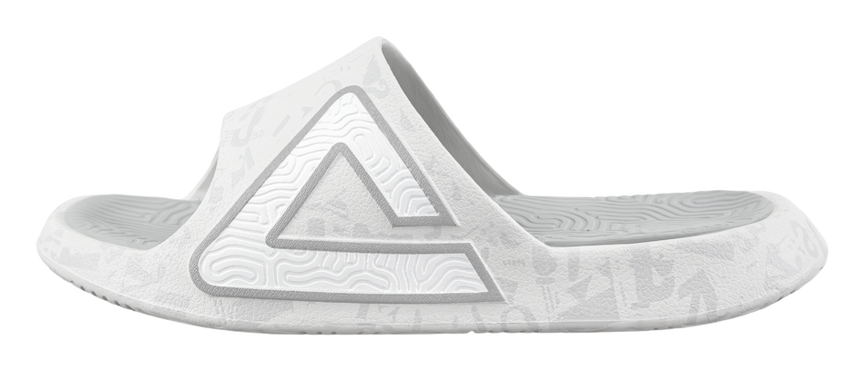 Light gray slide slippers with large triangular logo on the strap