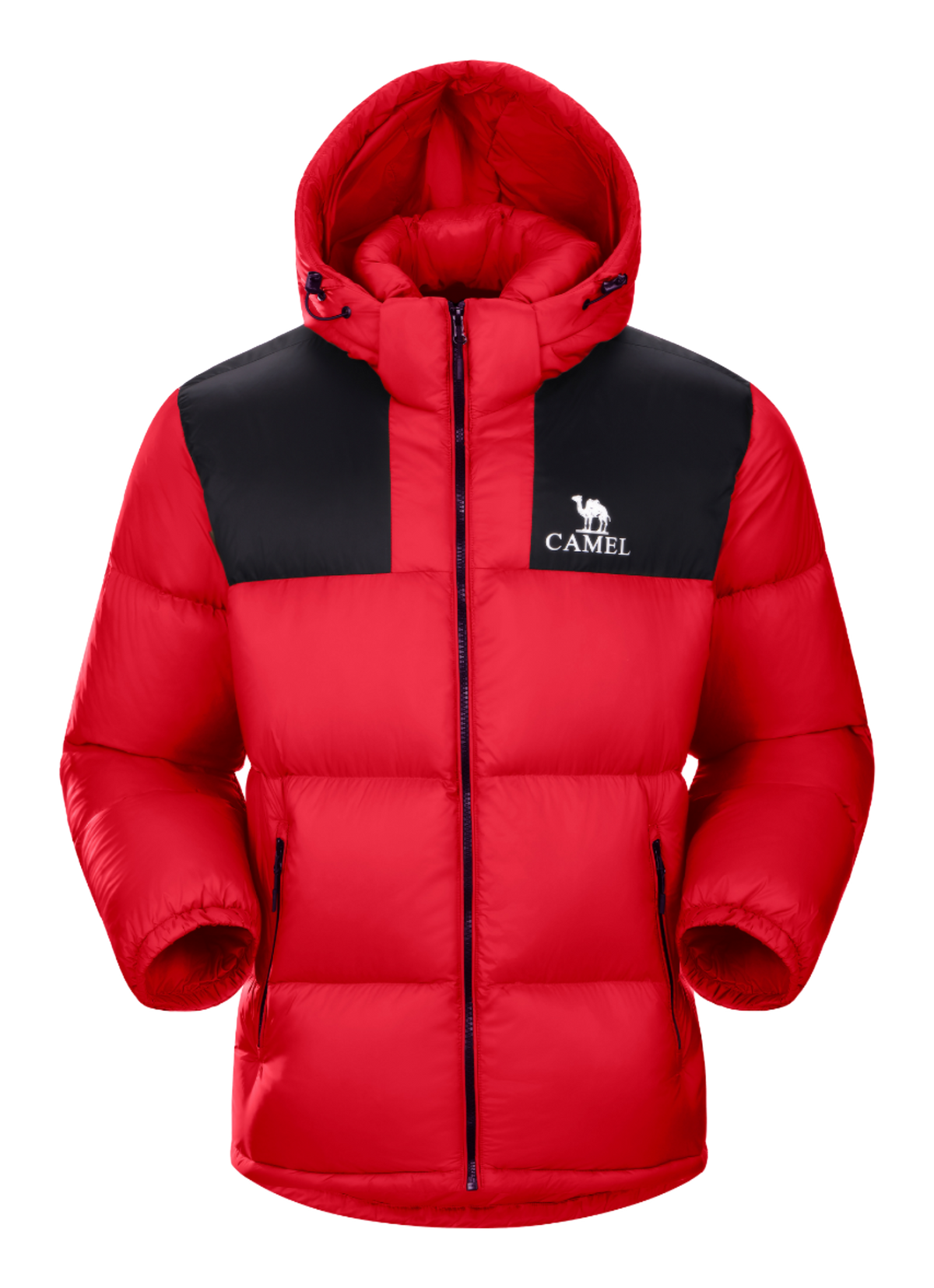 Red and black color-block hooded down puffer jacket with CAMEL logo, full-zip front.