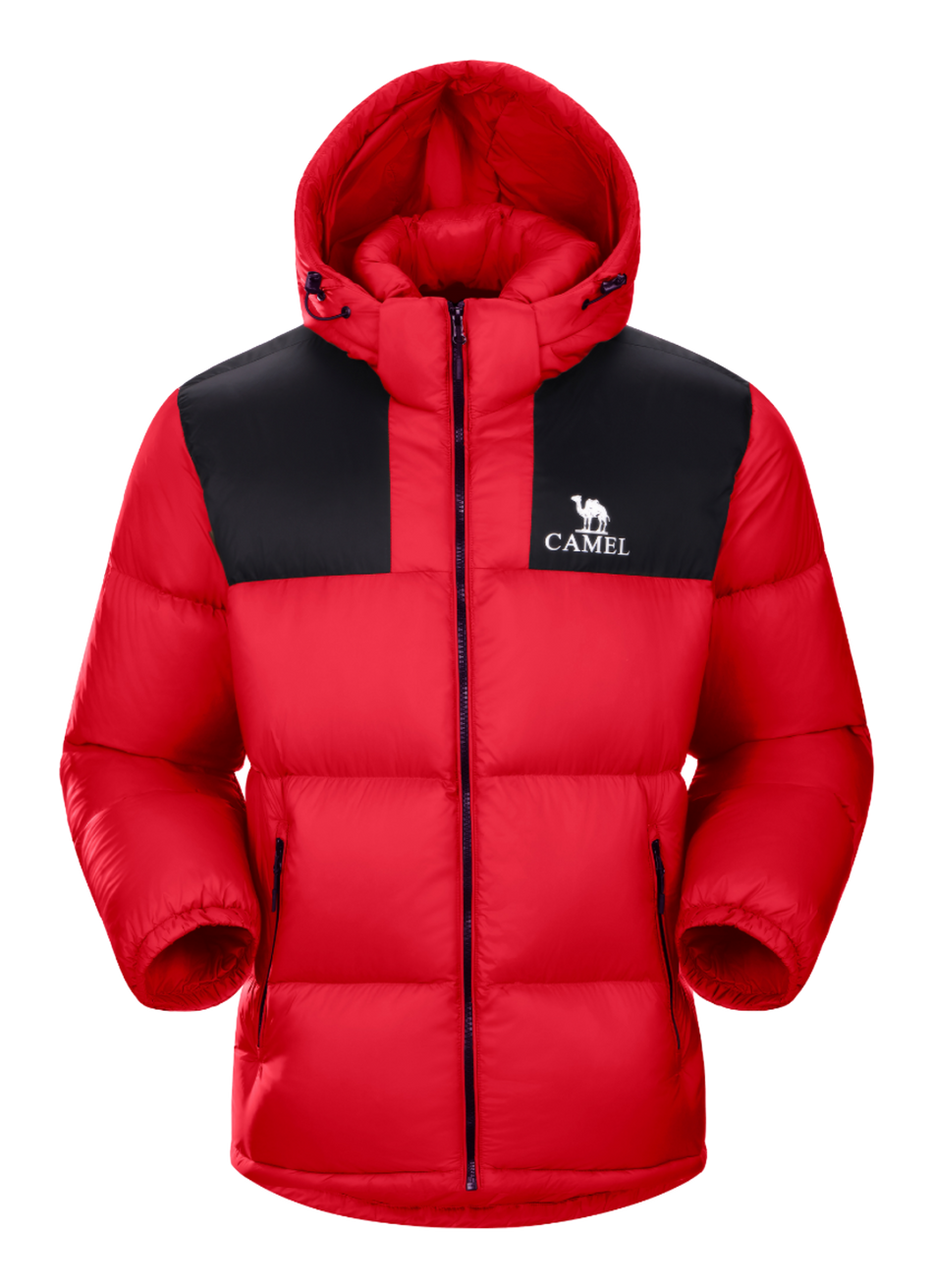 Red and black color-block hooded down puffer jacket with CAMEL logo, full-zip front.