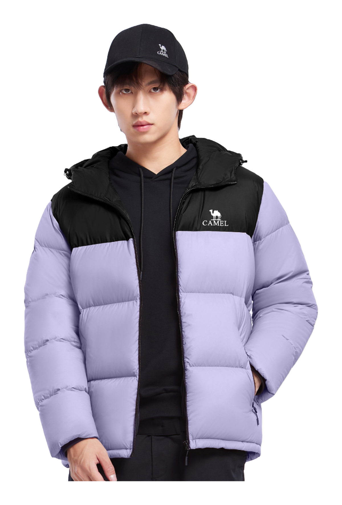 Unisex hooded down jacket in lavender with black hood lining and full-zip front.