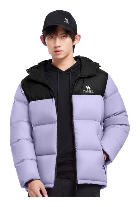 Unisex hooded down jacket in lavender with black hood lining and full-zip front.