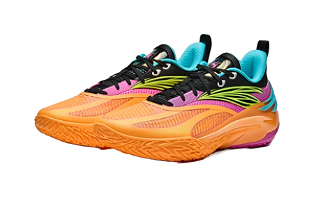 Orange basketball shoe side view with black laces, purple panels, neon green lines