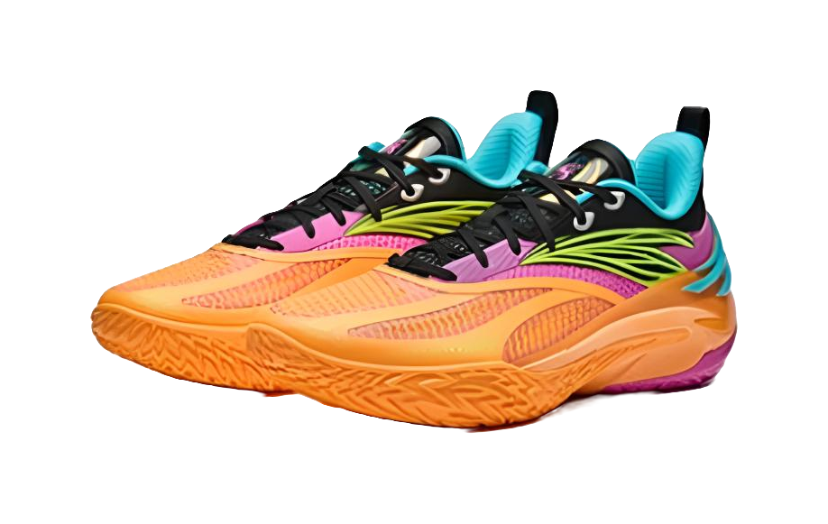 Orange basketball shoe side view with black laces, purple panels, neon green lines