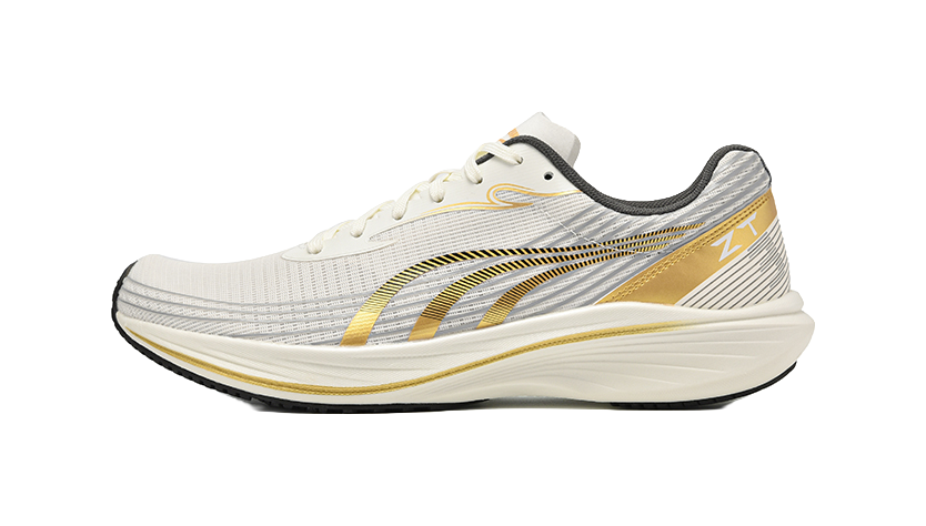 DO-WIN Journey running shoe in white with gold accents, lace-up, side view