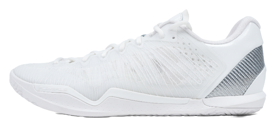 Pure white low-top basketball shoe with knit upper, lace-up front, and textured side panel