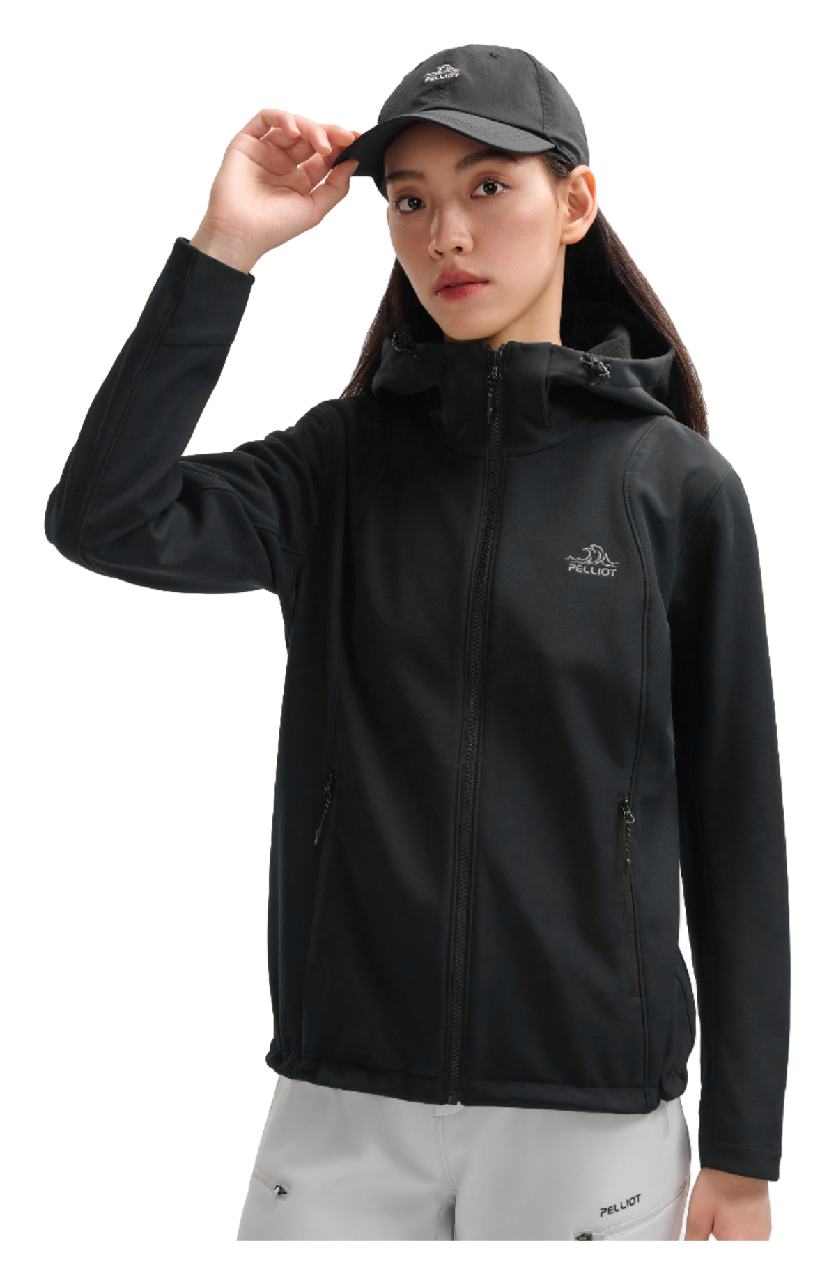 Women's soft shell jacket in dark black with full zip, hood, and chest logo