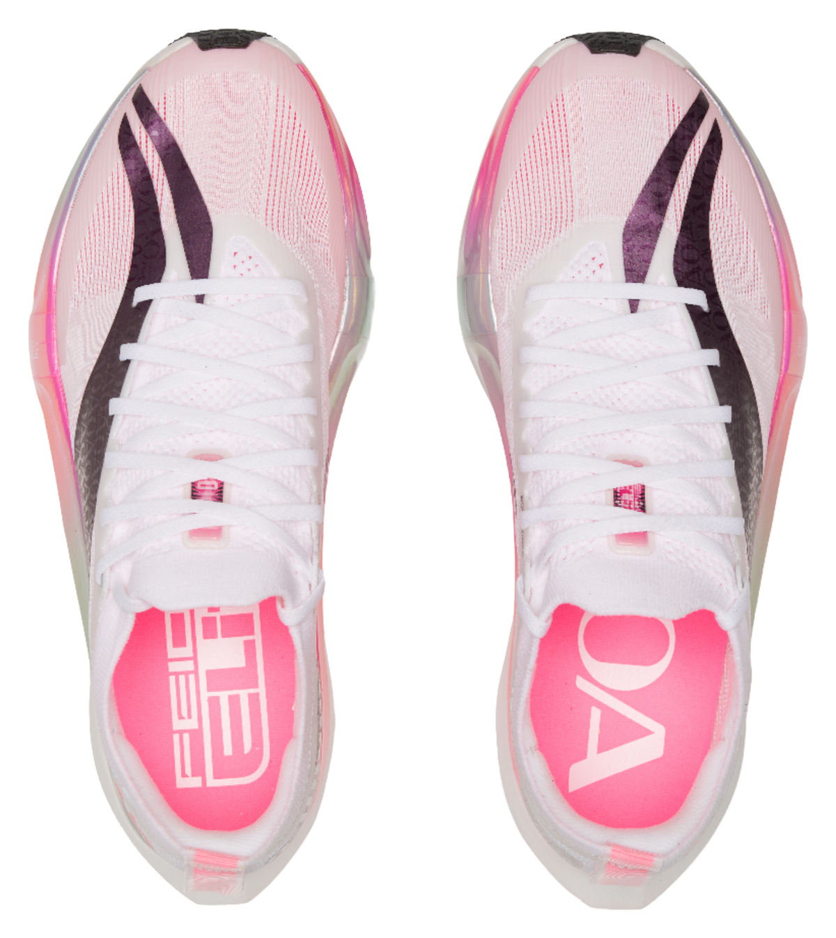 Pair of white low running shoes with pink accents and lace-up front, AOA branding