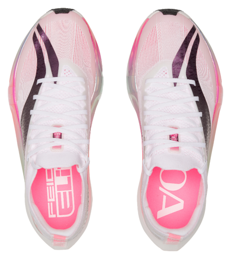 Pair of white low running shoes with pink accents and lace-up front, AOA branding