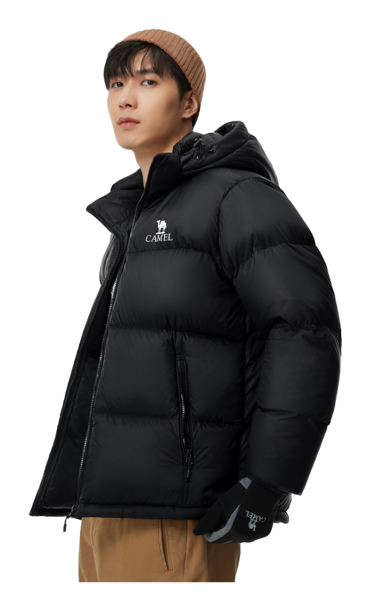 Black hooded puffer jacket with CAMEL logo, zip front, and padded shoulders