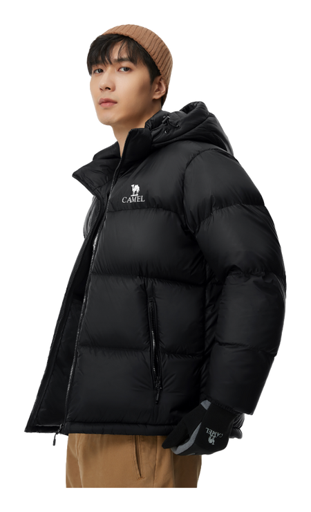 Black hooded puffer jacket with CAMEL logo, zip front, and padded shoulders