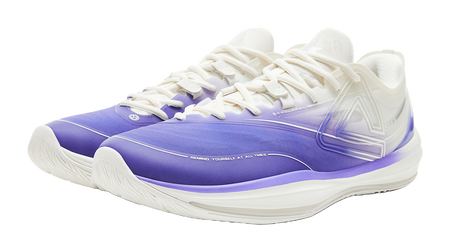 Lightweight basketball shoe with purple toe cap and white lace-up upper