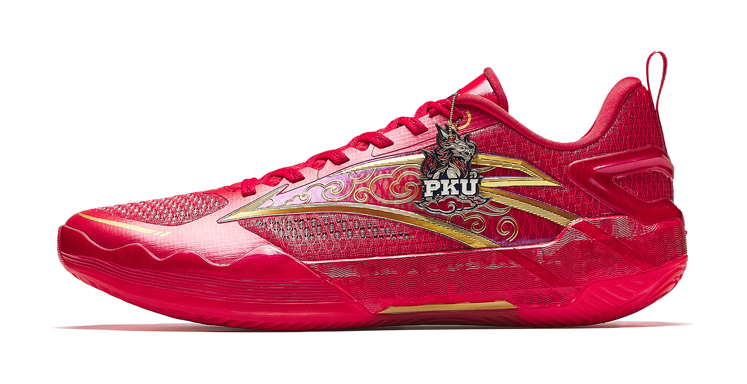 Red basketball shoe with gold side graphic, mesh upper, and lace-up front.