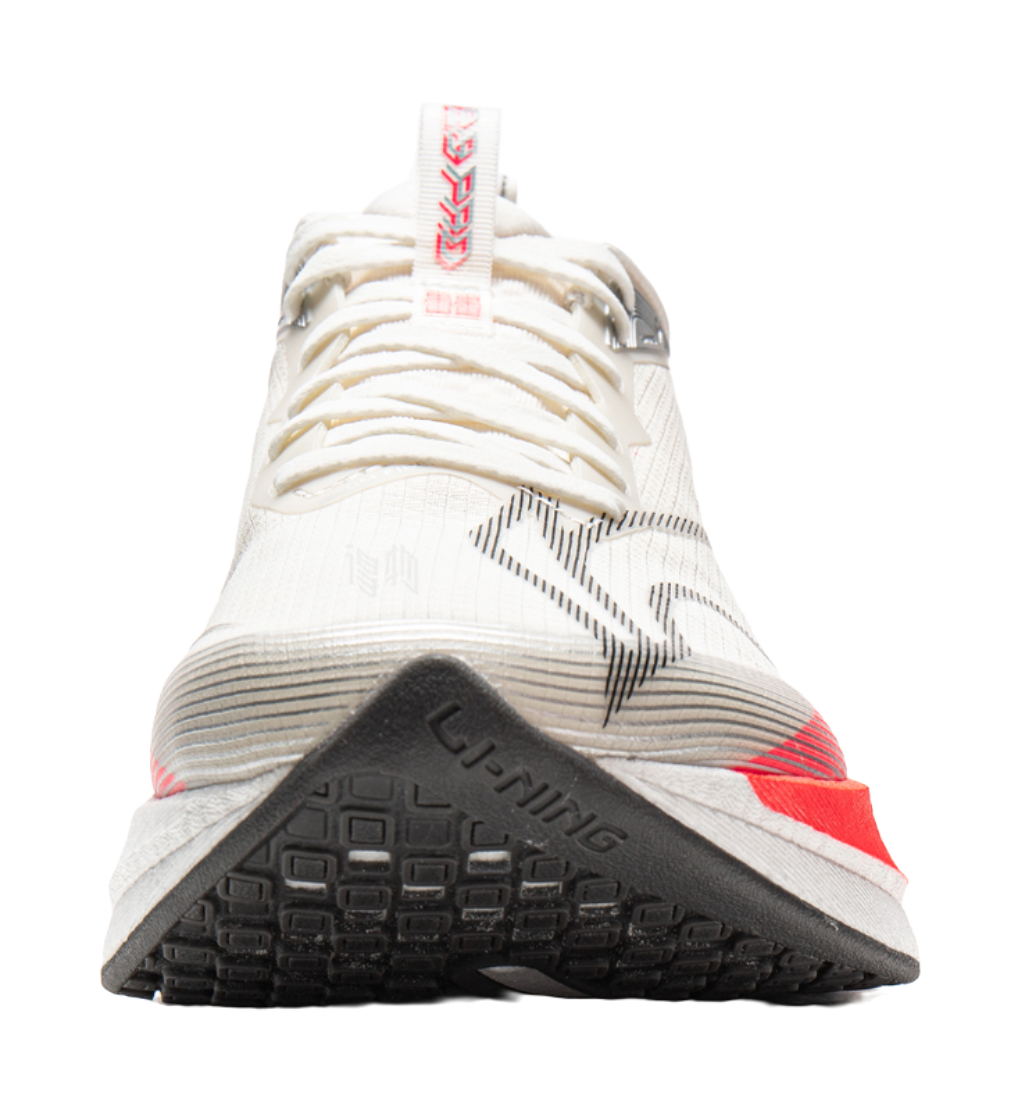 Li-Ning running shoe outsole view, white upper with red detail and textured rubber traction