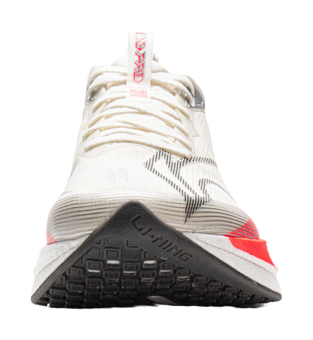 Li-Ning running shoe outsole view, white upper with red detail and textured rubber traction