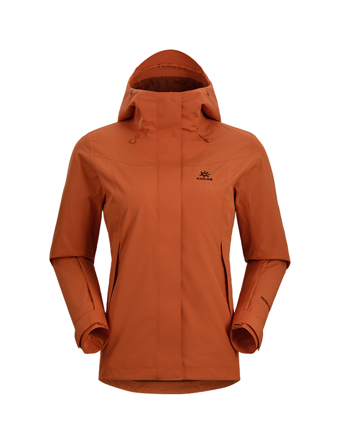 Women's windbreaker jacket in rust orange, hooded with front zipper and button placket