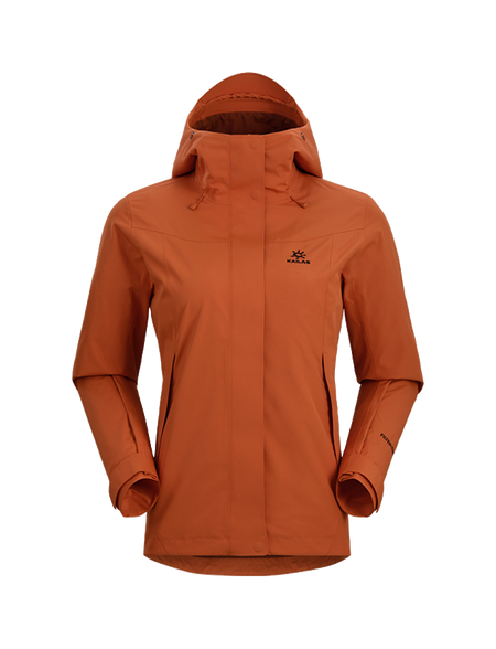 Women's windbreaker jacket in rust orange, hooded with front zipper and button placket