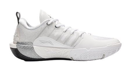 White basketball shoe side view with textured midsole and ankle collar