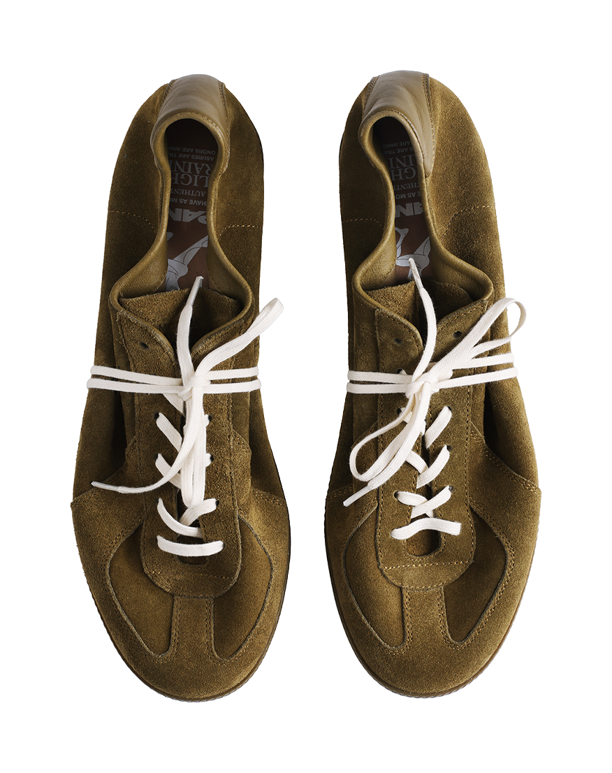 PANE dark green suede sneakers, open tongue and white lace details