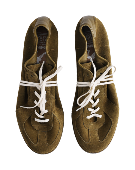 PANE dark green suede sneakers, open tongue and white lace details
