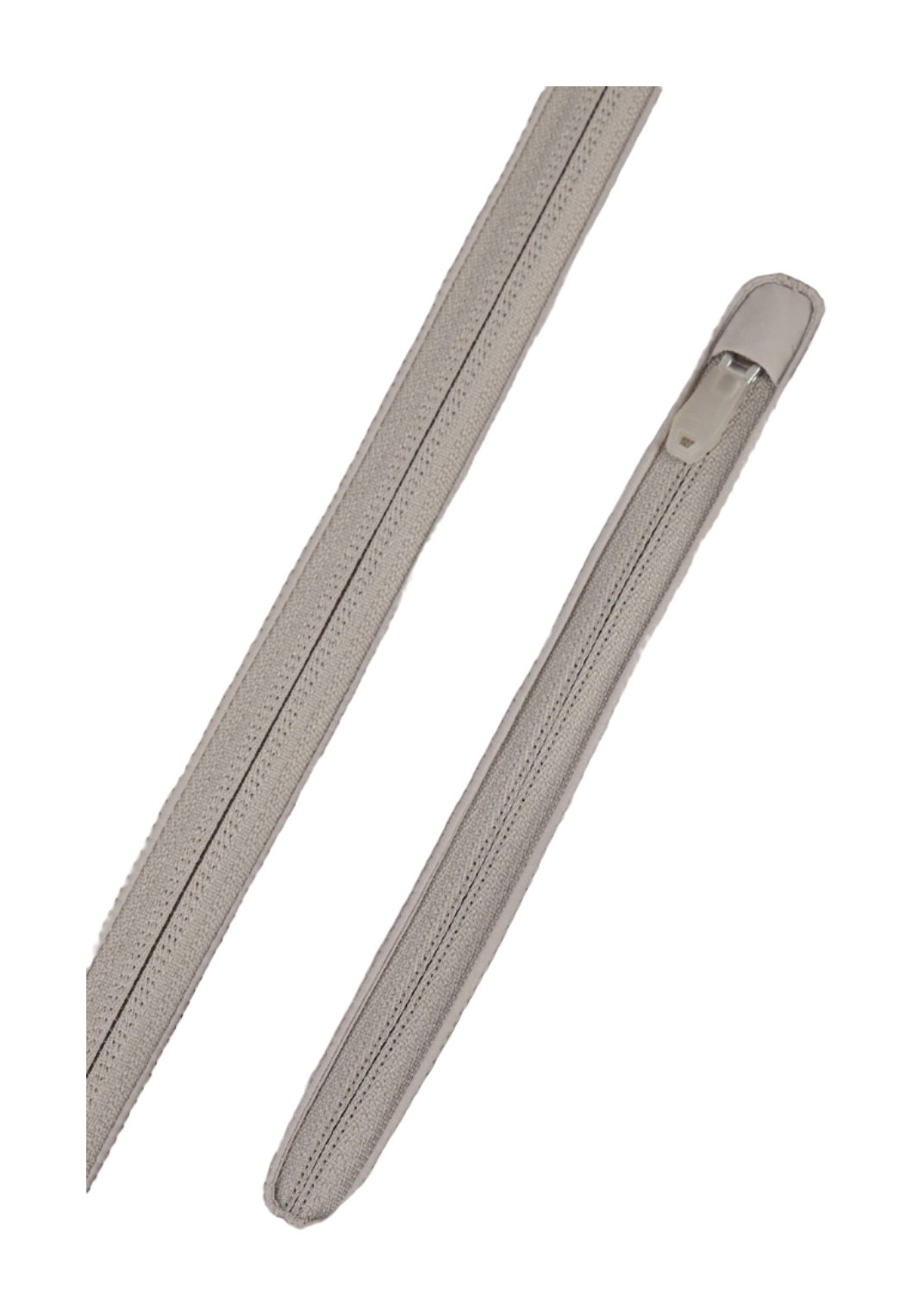 Dusty gray jacket zipper pull tabs detail