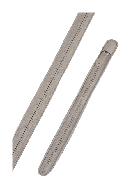 Dusty gray jacket zipper pull tabs detail