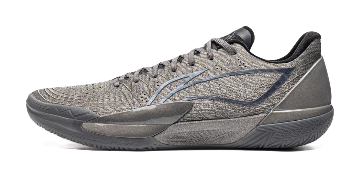 Li-Ning Gamma 2 low basketball shoe in silver, side view with dark laces and sole